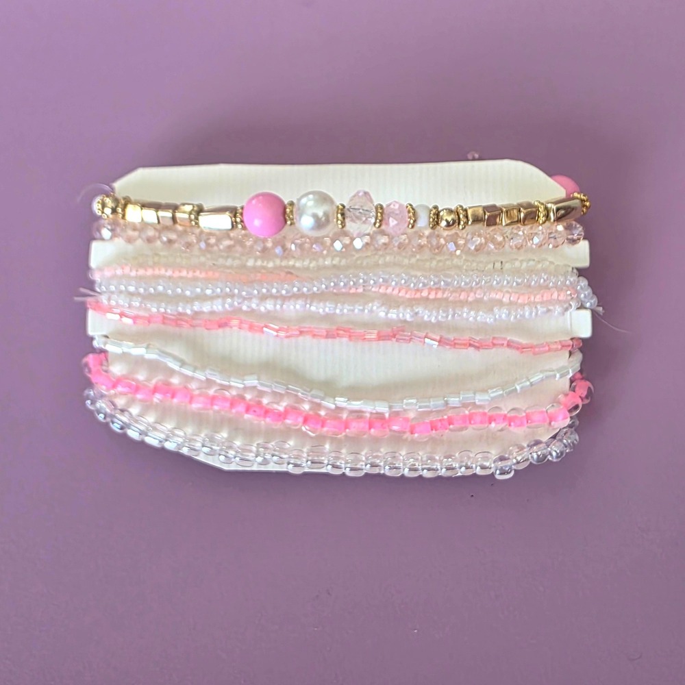 Pink White Beaded Bracelet Set Faux Pearl Gold Tone Stretch Stackable‎ Jewelry